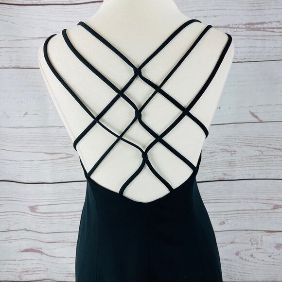 Cache vintage long black dress crisscross back silk front slit - Picture 10 of 13